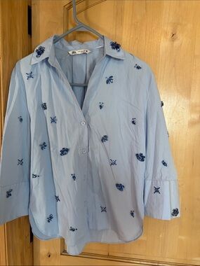 Zara Light Blue Embellished Button-Up Blouse